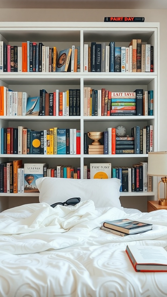 A cozy bedroom with a neatly arranged bookshelf filled with colorful books, a bed with white bedding, and a small lamp.