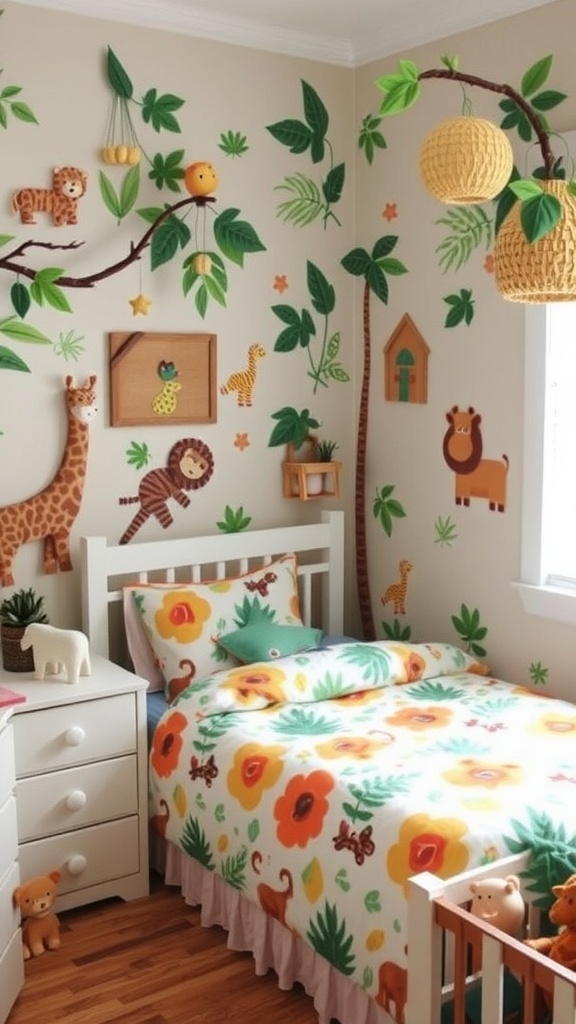 A small bedroom decorated with a jungle theme featuring animal decals, colorful bedding, and playful elements.