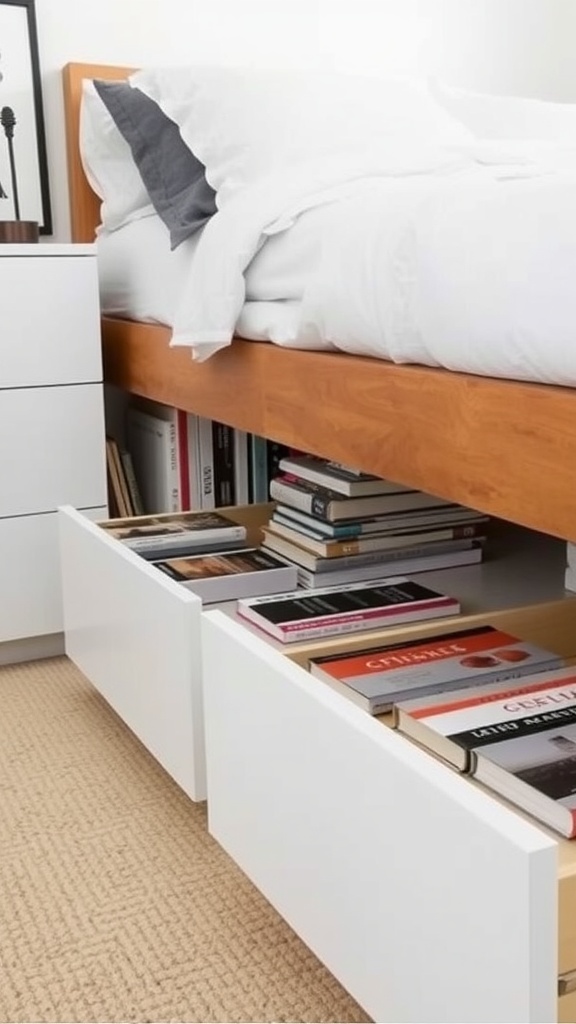 Under-bed book storage drawers showing organized books