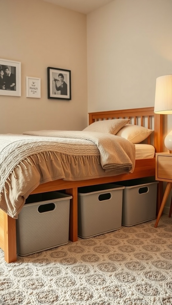 A cozy bedroom featuring a wooden bed with under-bed storage bins.