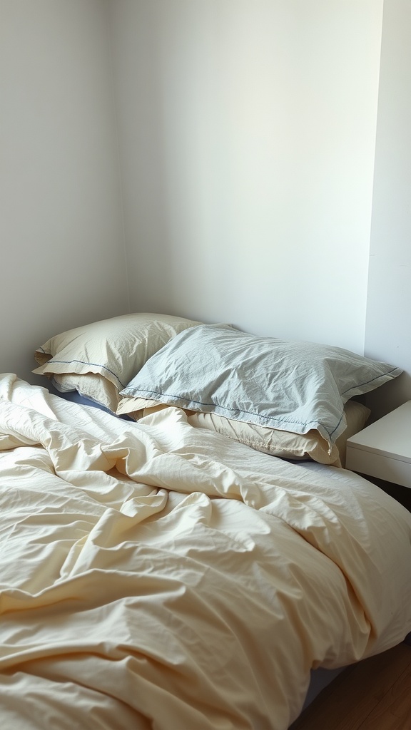 A cozy bed with layered bedding in soft yellow and blue, showcasing texture and comfort.