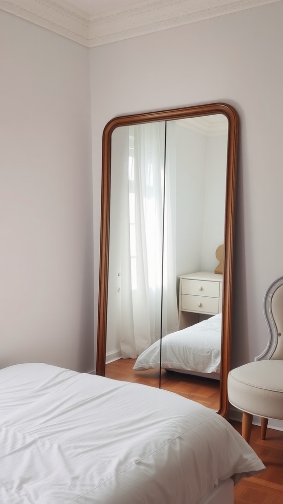 A small bedroom featuring a full-length mirror with a wooden frame, reflecting light from a window.