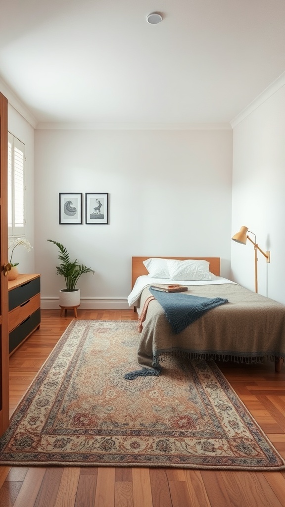 Small bedroom with a bed, wooden flooring, and a decorative rug