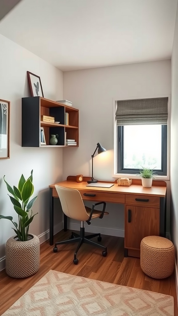 A cozy small bedroom featuring a wooden desk in the corner, a laptop, and floating shelves filled with books.