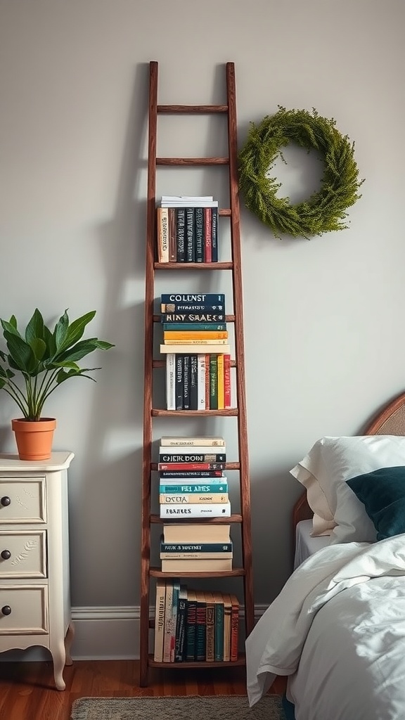 A vintage wooden ladder displaying books, with a potted plant and a wreath on the wall.