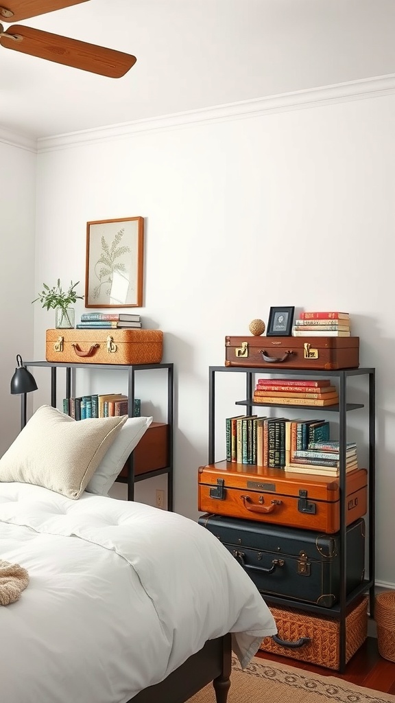 A cozy bedroom scene featuring vintage suitcases used for book storage, with a neatly made bed and a bedside lamp.