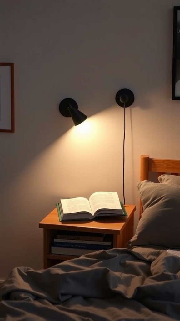 A cozy bedroom scene with a wall-mounted reading light illuminating an open book on a bedside table.
