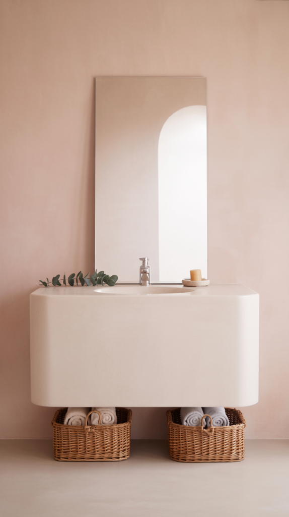 A minimalist bathroom with a rectangular mirror above a modern white sink. On the counter are a small plant, a soap dispenser, and a dish with a candle. Two wicker baskets with rolled towels sit underneath the sink.