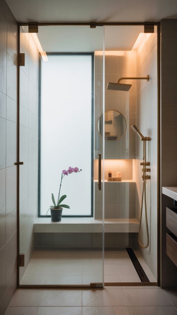 A modern shower with glass doors, a built-in bench holding a potted orchid, a round mirror, toiletries, and a rainfall showerhead, illuminated by soft lighting and natural light from a frosted window.