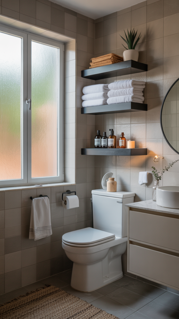A modern bathroom with a white toilet, a floating vanity, round mirror, shelves holding rolled towels and toiletries, a plant, a candle, and a frosted window allowing natural light.