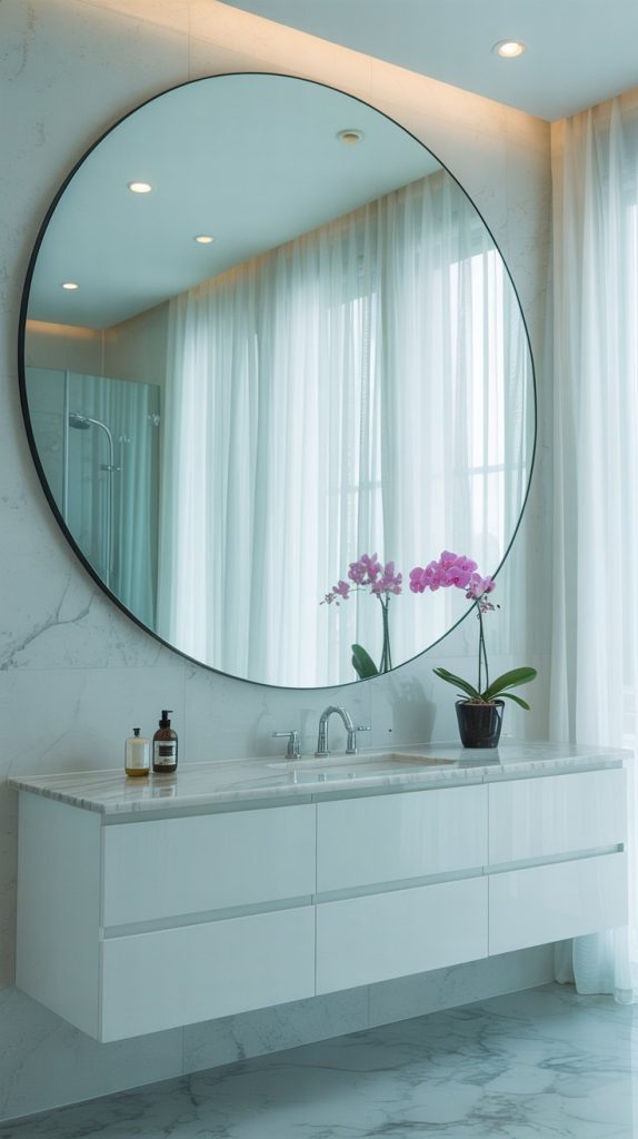 A modern bathroom with a large round mirror above a white floating vanity, marble floor and wall, sheer curtains, and a potted orchid next to soap and lotion bottles on the countertop.