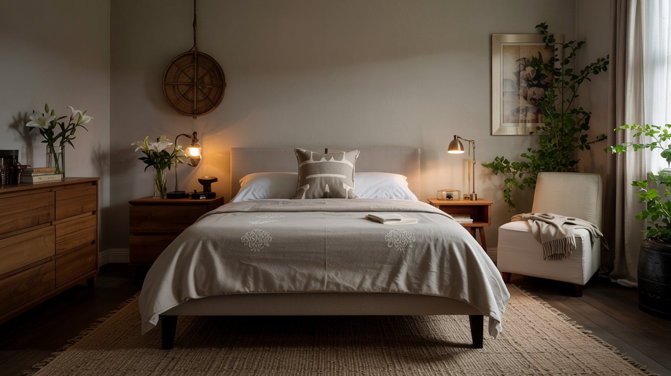A cozy, well-lit bedroom features a neatly made bed with beige bedding, wooden nightstands, modern lamps, a cushioned chair, potted plants, and soft natural light streaming through a window with sheer curtains.