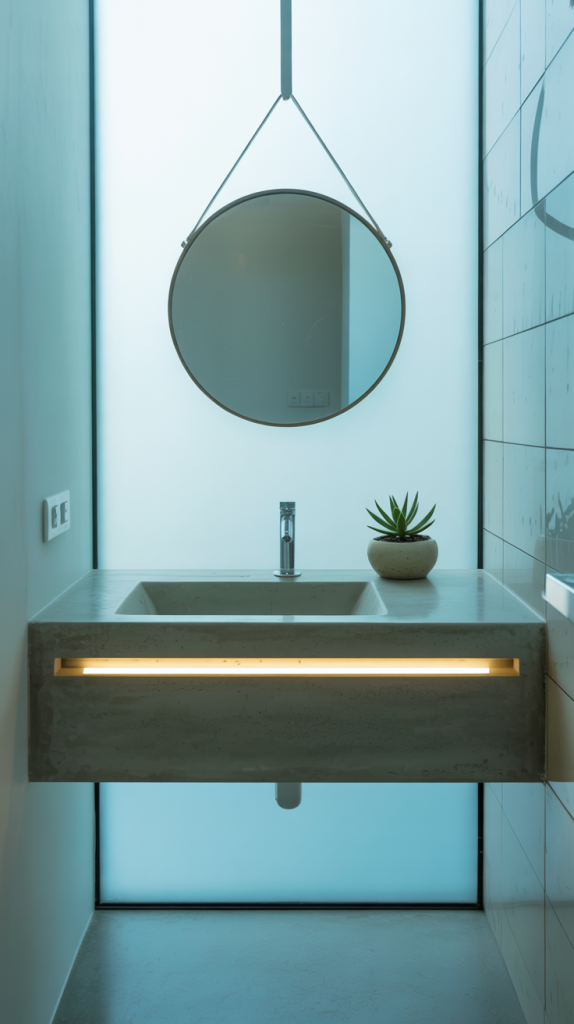 A modern bathroom with a sleek floating sink, a round hanging mirror above it, a small potted succulent on the counter, and soft lighting creating a minimalist and clean atmosphere.