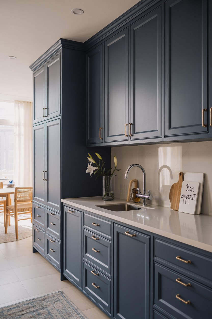 A modern kitchen with blue cabinets, gold handles, a white countertop, a sink with a vase of lilies, and a cutting board with a “Bon appétit” sign. Sunlight streams in from a dining area in the background.