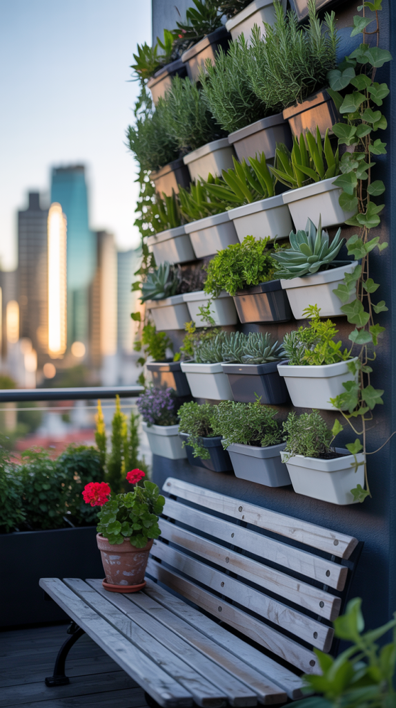 A wooden bench sits on a balcony beside a vertical garden wall filled with various green plants in pots. The city skyline is visible in the background, and a potted plant with red flowers stands nearby.