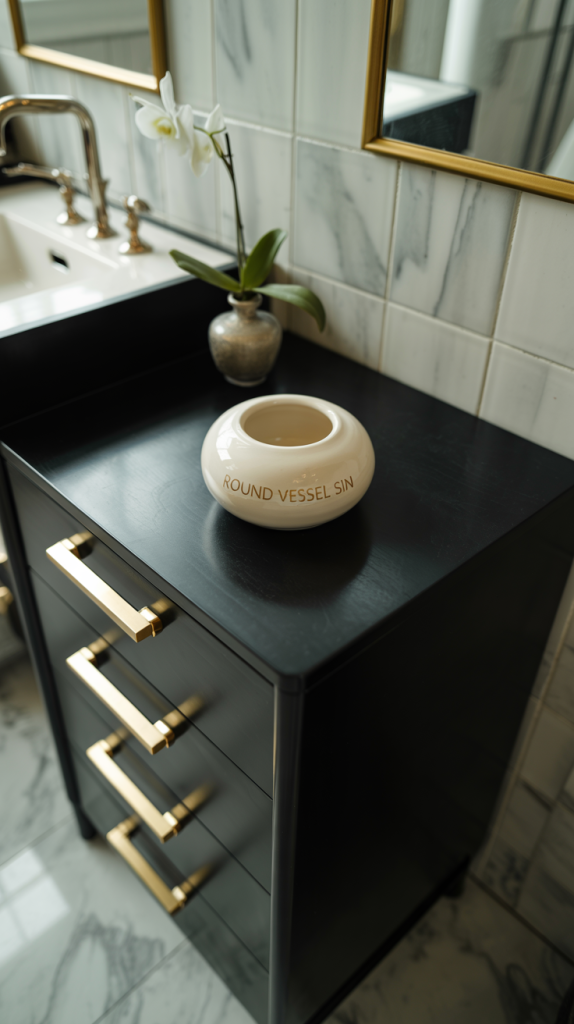 A modern bathroom vanity with gold handles, a white sink, and a potted orchid. A round, white ceramic vessel labeled ROUND VESSEL SINK sits on the black countertop. Marble tile walls are visible in the background.