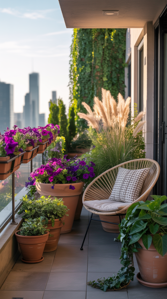 A cozy balcony with potted plants and flowers, a round wicker chair with a cushion, and city skyscrapers in the background on a sunny day.