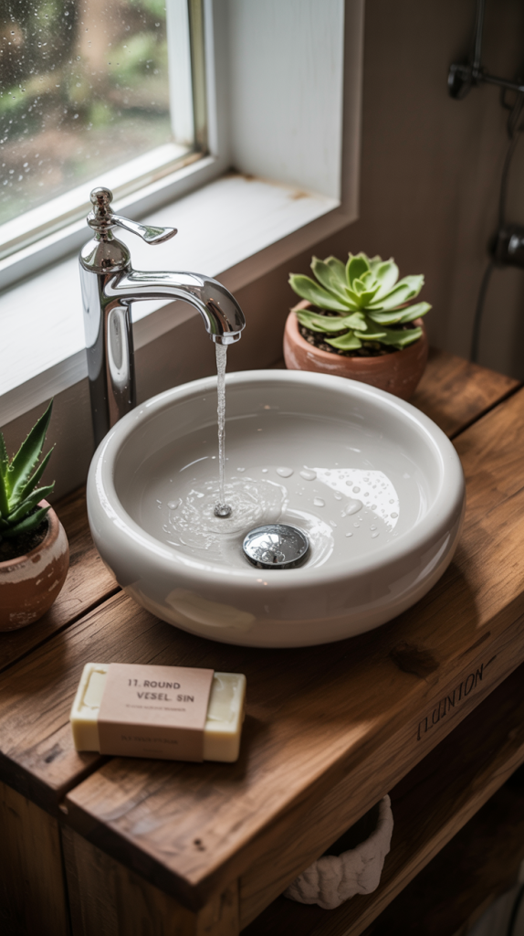 A modern round white vessel sink with running water sits on a wooden countertop near a window. Potted succulents and a bar of soap labeled 11. ROUND VESSEL SINK are arranged nearby, creating a fresh, natural look.