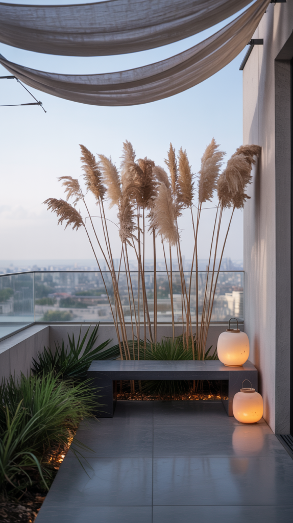 A modern balcony with tall pampas grass, a sleek bench, decorative plants, and two glowing lanterns, overlooking a cityscape under a light, draped canopy at dusk.