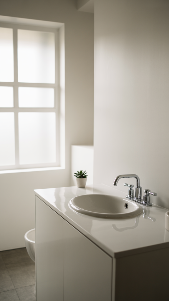 A modern, minimalist bathroom featuring a white sink with chrome fixtures, a glossy countertop, a small potted plant, and a frosted window letting in soft natural light.