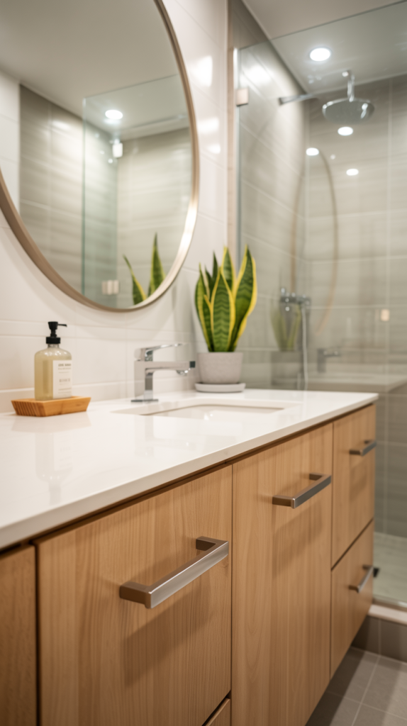 A modern bathroom with a wooden vanity, white countertop, round mirror, potted snake plant, soap dispenser, and a glass-enclosed shower with neutral-toned tiles in the background.