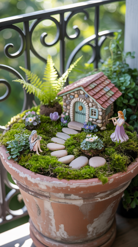 A fairy garden in a large flower pot features a miniature house, stone path, green moss, small plants, and two fairy figurines, all set against a black wrought iron balcony railing.
