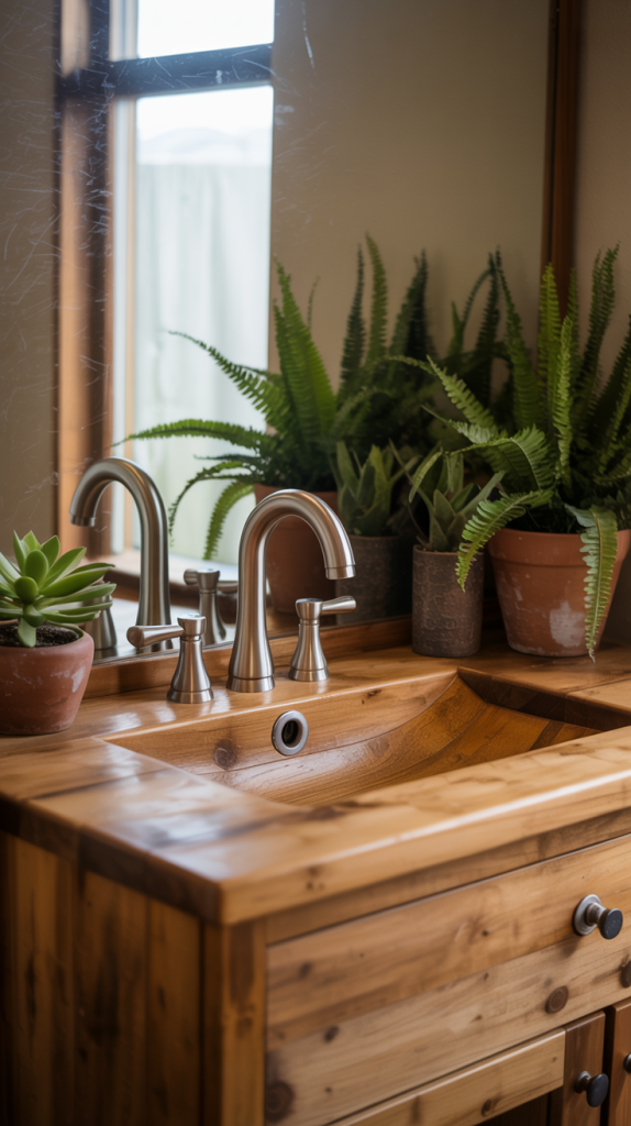 A wooden bathroom vanity with a built-in sink, silver faucet fixtures, and several potted green plants arranged around the basin, set next to a window with natural light.