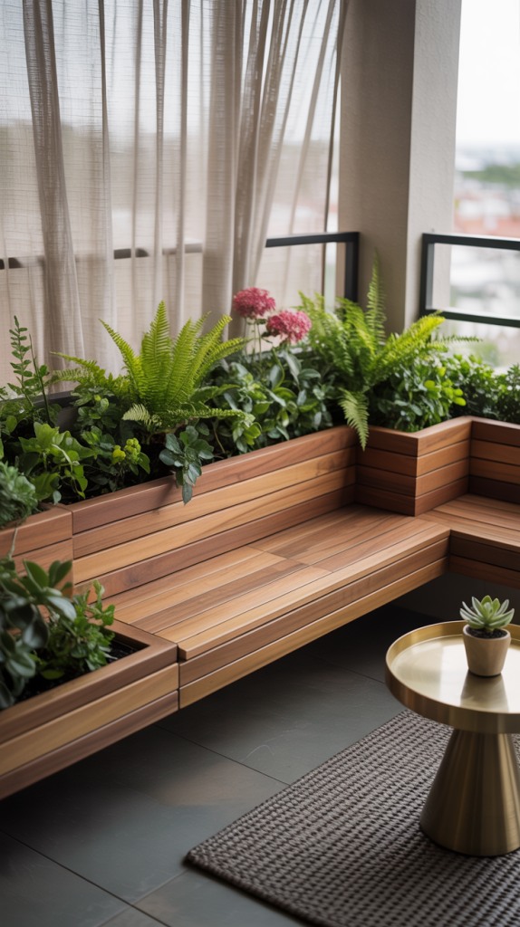 A modern balcony with wooden seating and built-in planters filled with ferns and flowers, next to a round gold table with a small potted succulent on a woven rug. Light curtains hang in the background.