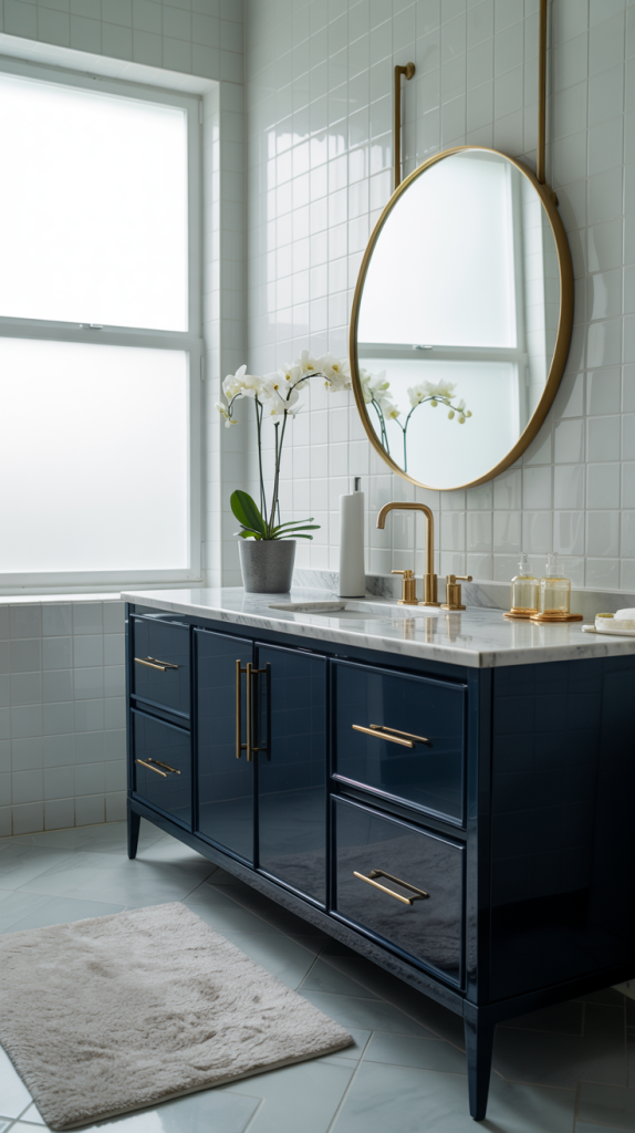 A modern bathroom with a navy blue vanity, gold hardware, round gold mirror, white countertop, potted orchid, and gold faucet, set against white tiled walls and a frosted window, with a beige rug on the floor.