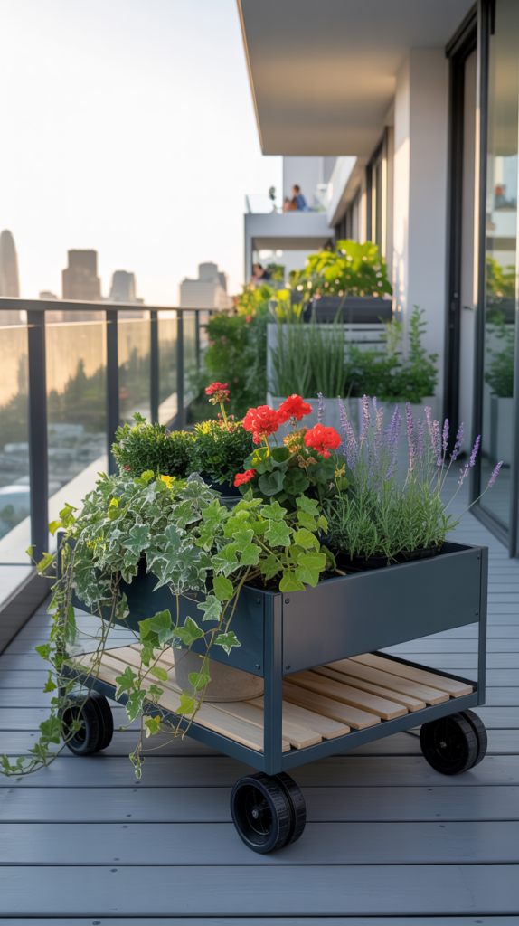 A mobile planter box with various flowers and greenery is on a modern apartment balcony, overlooking a city skyline during sunset. The scene is bright and inviting, with plants adding a touch of nature to the urban setting.
