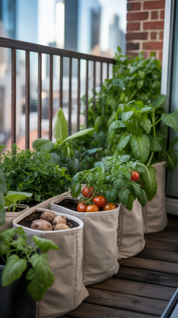 Fabric planters filled with vegetables and herbs, including tomatoes, potatoes, and leafy greens, line the wooden floor of a balcony with a metal railing and city buildings blurred in the background.