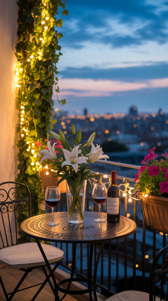 A cozy balcony at sunset with city lights in the background, a round table set with a vase of lilies, two glasses of red wine, a wine bottle, fairy lights, and potted flowers. Two chairs are arranged at the table.