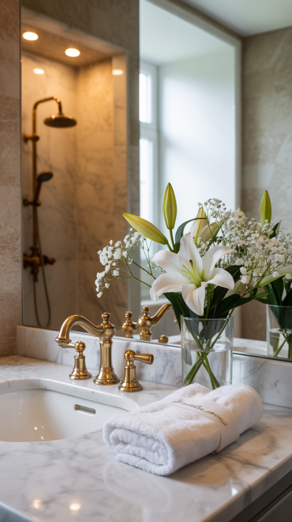 A marble bathroom counter with a gold faucet, a vase of white lilies and babys breath, and a neatly folded white towel in front of a mirror. A shower with a gold fixture is visible in the background.