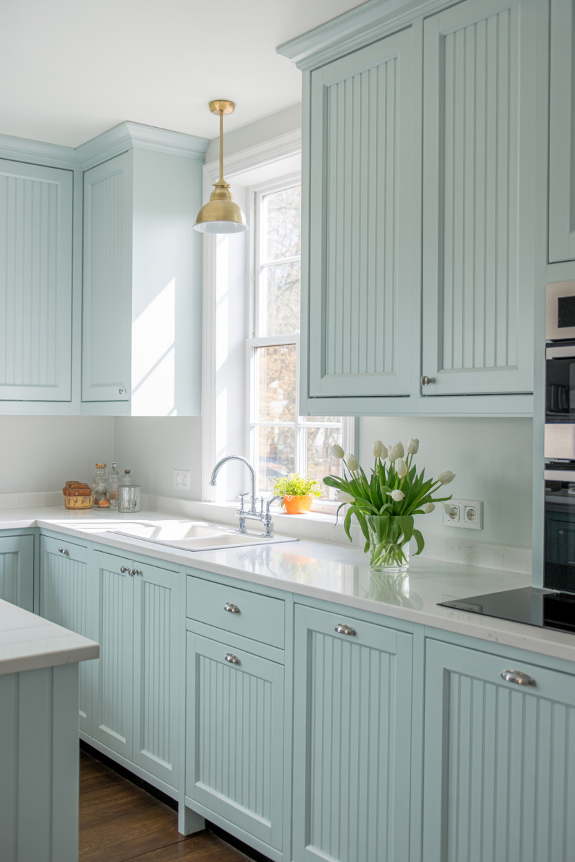A bright kitchen with light blue cabinets, white countertops, a gold pendant light, a window letting in natural light, a vase of white tulips, and potted plants near the sink.