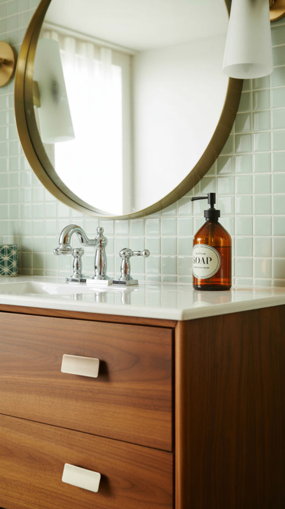 A modern bathroom vanity with a wooden cabinet, chrome faucet, round mirror, and a brown soap dispenser on a white countertop against light green tile walls.