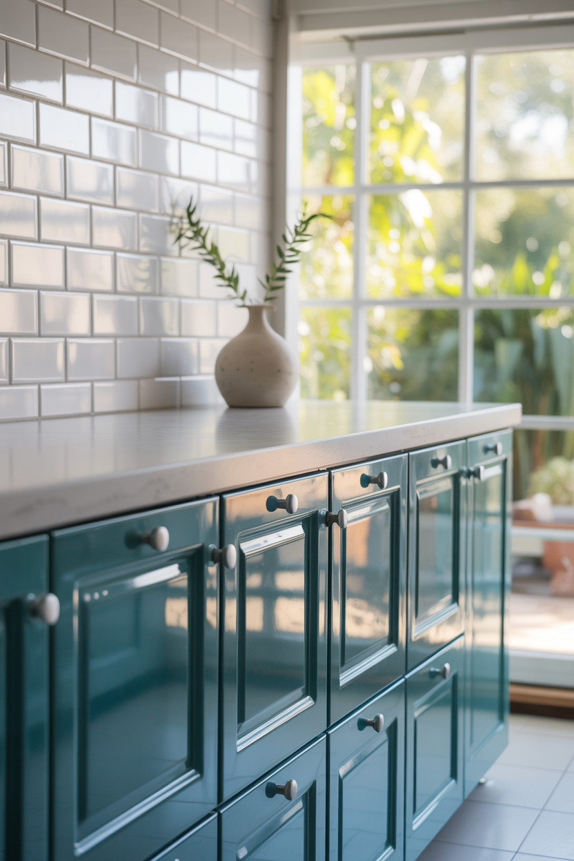 A kitchen with glossy teal cabinets, white subway tile backsplash, and a white vase with green branches on the counter, near a large window with sunlight and garden view.