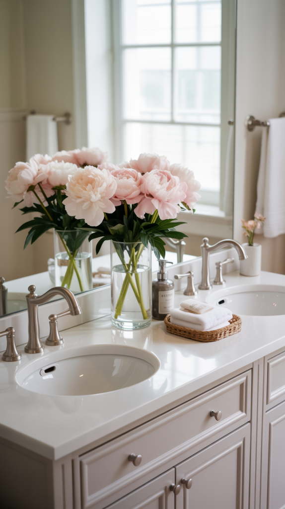 A bright bathroom with a double sink vanity, chrome faucets, a vase of pink peonies, stacked towels on a wicker tray, and a large window letting in natural light.