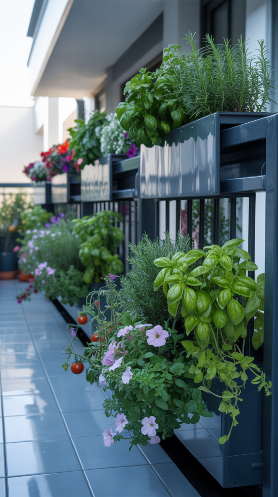 A modern apartment balcony with lush green herbs, flowering plants, and tomatoes growing in planter boxes attached to the railing. The tiled floor and smart design create a tidy, vibrant urban garden.