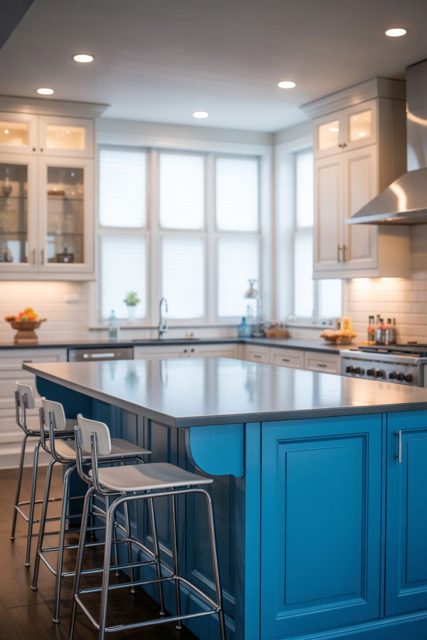 A modern kitchen with a large blue island, three metal stools, white cabinets, stainless steel appliances, and large windows allowing natural light to fill the space.