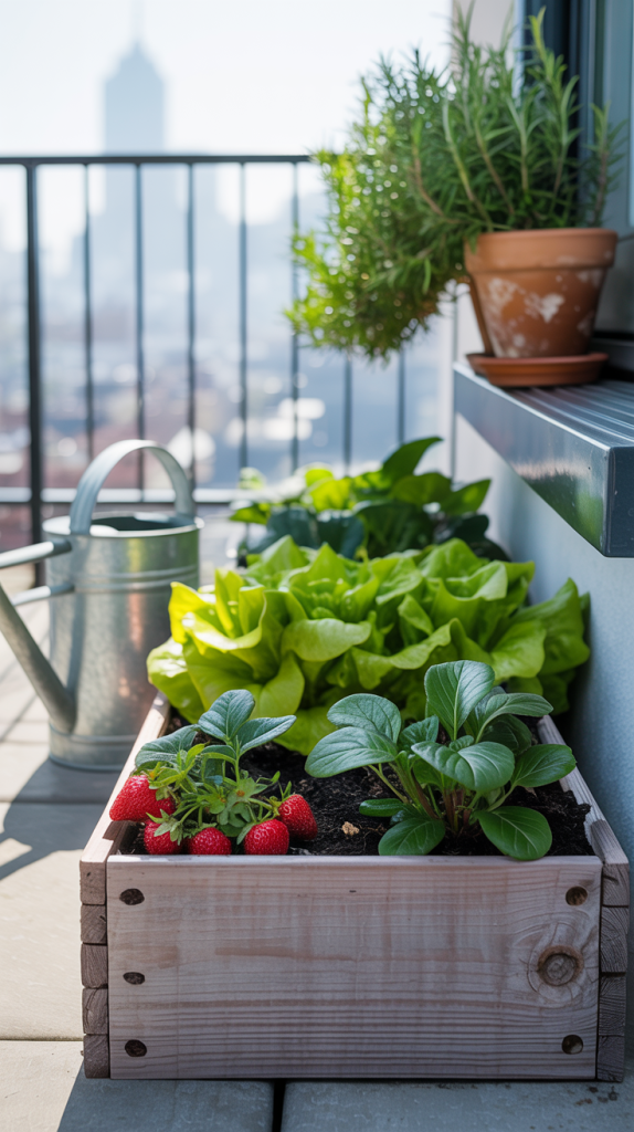 A wooden planter box on a balcony holds leafy greens and ripening strawberries, with a metal watering can and a potted rosemary plant nearby. A city skyline is visible in the hazy background.