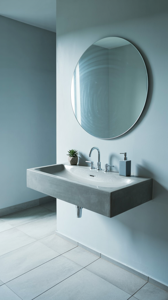 A minimalist bathroom with a gray floating sink, a round mirror above it, a small potted plant, and a soap dispenser. The walls and floor are light gray, creating a clean and modern look.