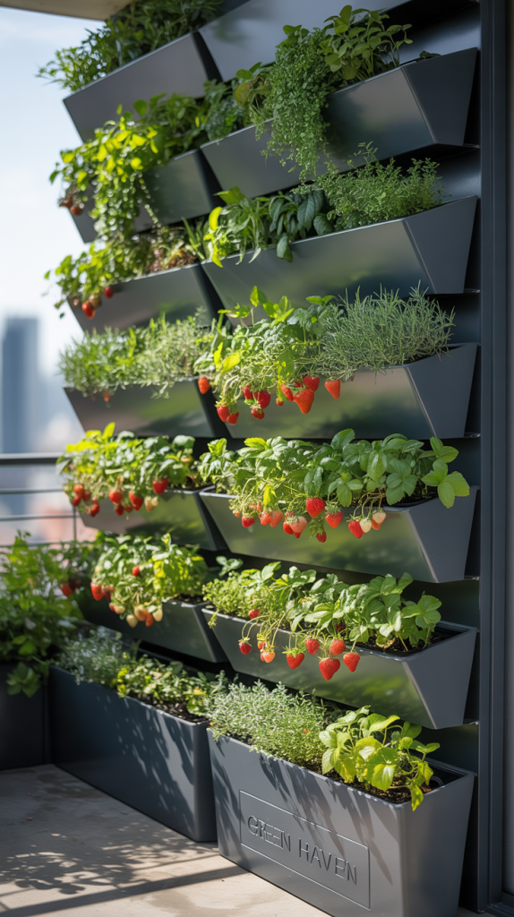 Vertical garden with several rows of black planters growing herbs, leafy greens, and strawberries on a balcony. The background shows a cityscape and the planter box at the bottom reads GREEN HAVEN.