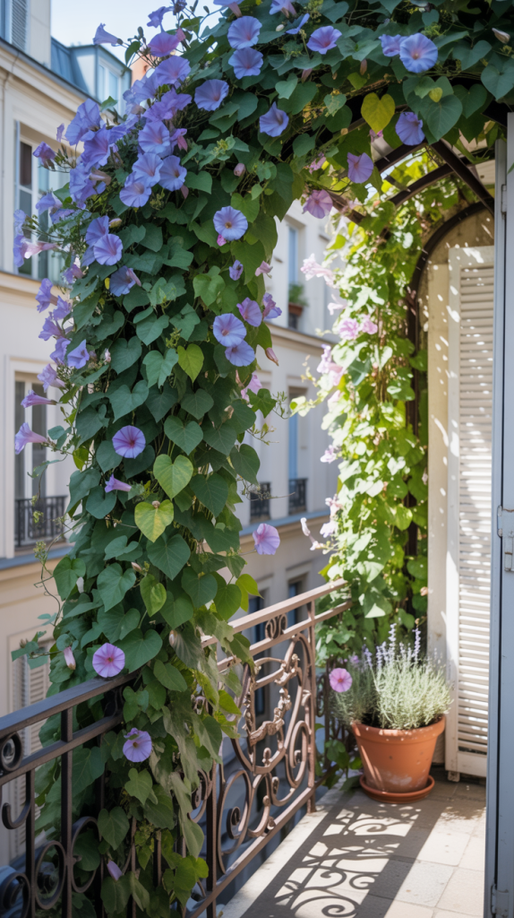 A balcony with a metal railing is adorned with lush green vines and purple morning glories arching overhead. A potted lavender plant sits by white shutters, and neighboring buildings are visible in the background.