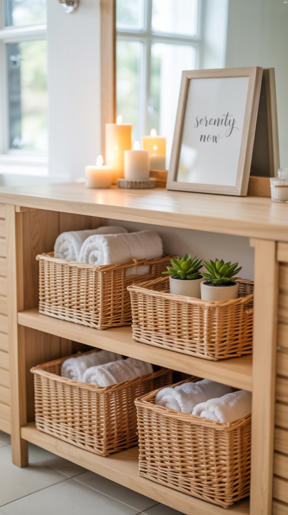 A spa-like wooden shelf holds woven baskets with rolled white towels, two small potted succulents, and a display of lit candles beside a framed sign reading “serenity now.” Natural light streams through a nearby window.