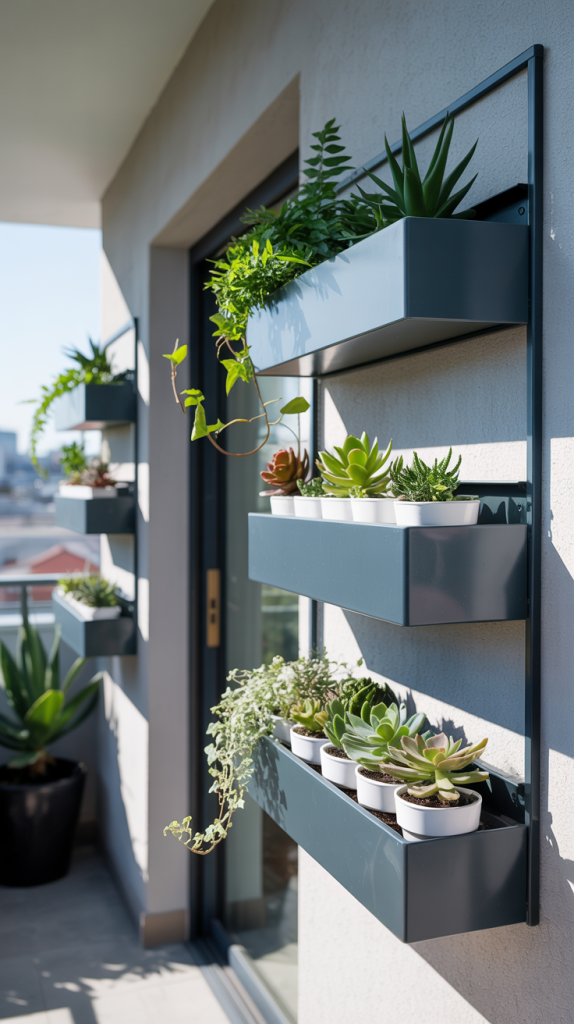 A modern balcony with sleek, gray vertical planters mounted on the wall, holding a variety of small potted succulents and green plants, with city buildings visible in the background.