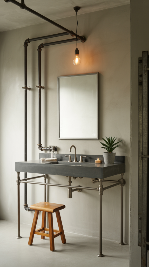 A minimalist bathroom with exposed pipes, a rectangular concrete sink, a wooden stool, a small potted plant, a candle, towels, a wall mirror, and a single exposed bulb hanging from the ceiling.