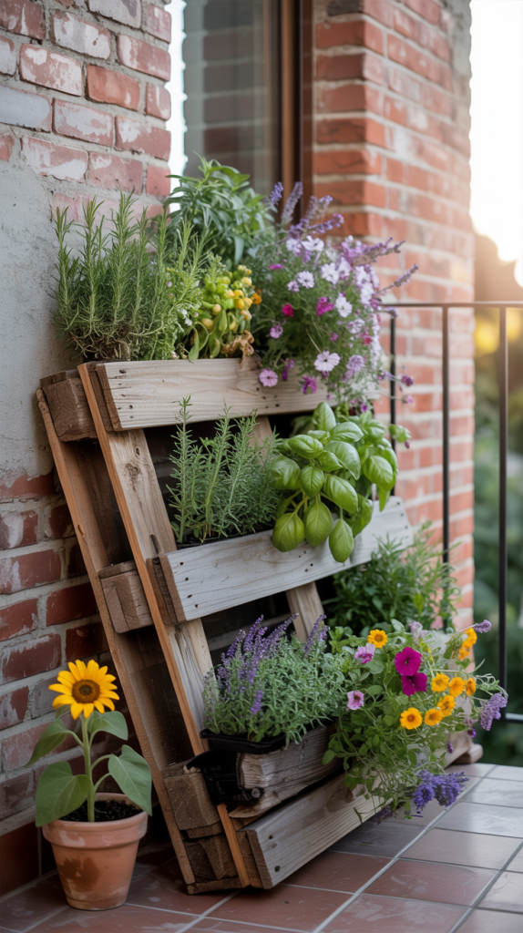 A wooden pallet leans against a brick wall on a balcony, transformed into a vertical garden with herbs and flowers. A small potted sunflower sits on the tiled floor nearby, adding color to the vibrant scene.