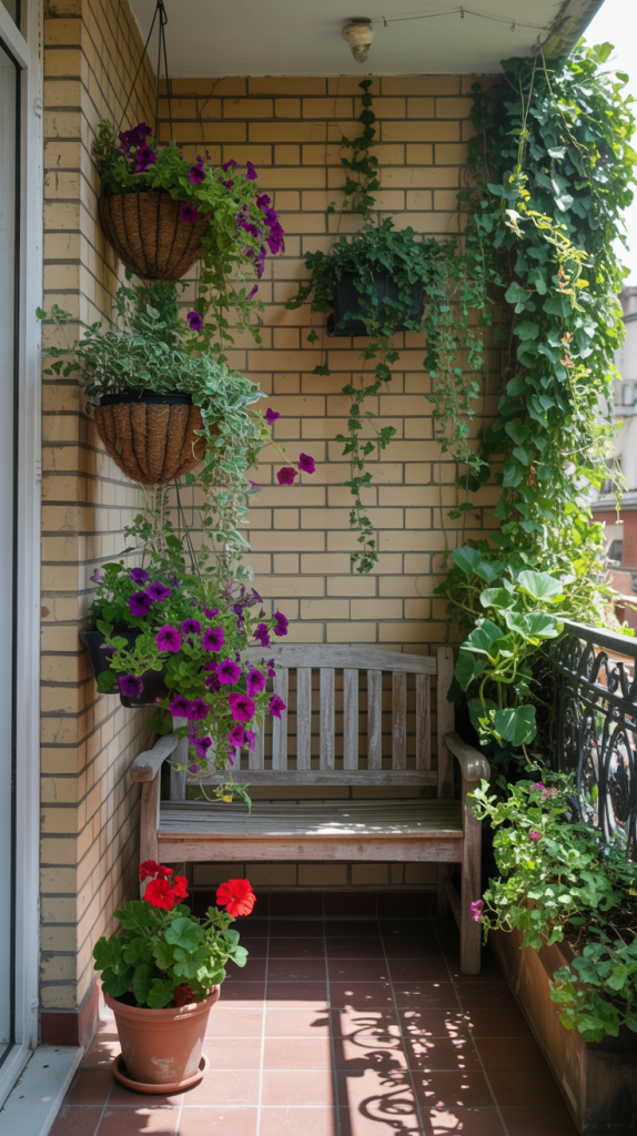 A small balcony with a wooden bench, hanging baskets of purple flowers, potted red geraniums, and green vines climbing the brick wall and railing. Sunlight brightens the cozy, plant-filled space.
