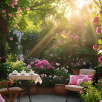 Sunlight filters through lush greenery onto a cozy garden patio with a table set for tea, surrounded by blooming pink flowers, potted plants, and cushioned chairs, creating a tranquil and inviting atmosphere.