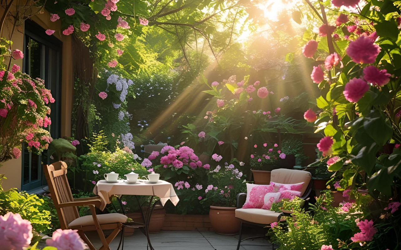 Sunlight filters through lush greenery onto a cozy garden patio with a table set for tea, surrounded by blooming pink flowers, potted plants, and cushioned chairs, creating a tranquil and inviting atmosphere.